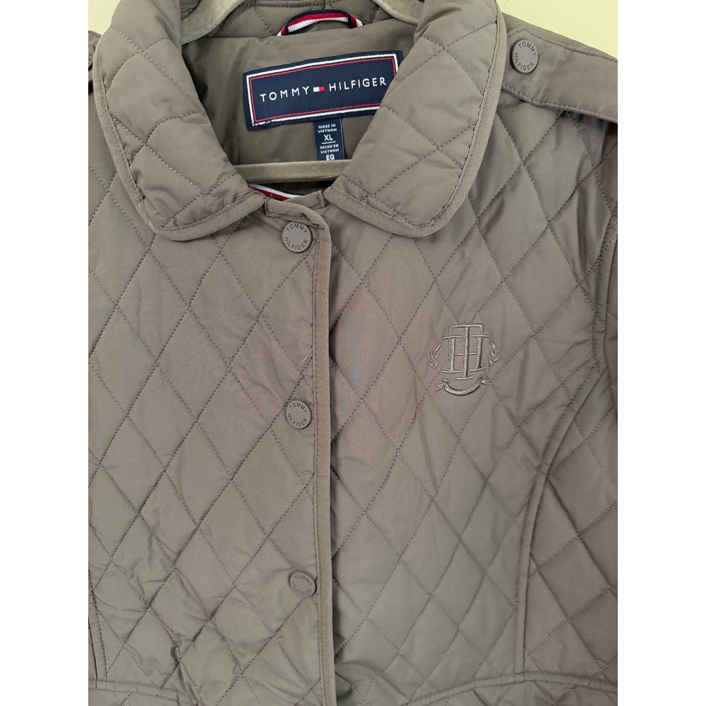 Tommy Hilfiger Womens XL Quilted Snap Front Jacket Taupe Green Crest Logo Coat - Picture 2 of 9